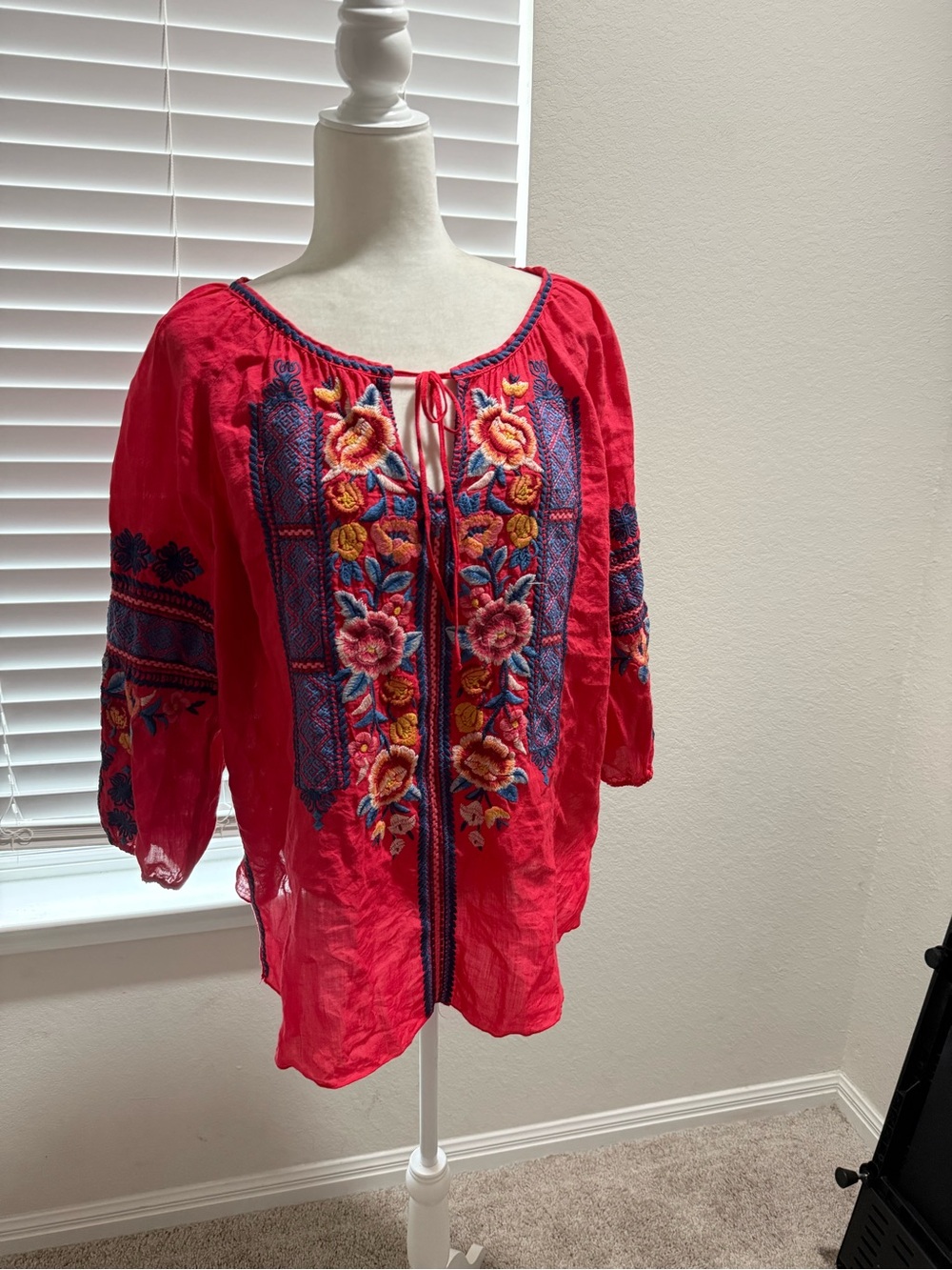 Johnny Was Embroidered Floral Peasant Blouse